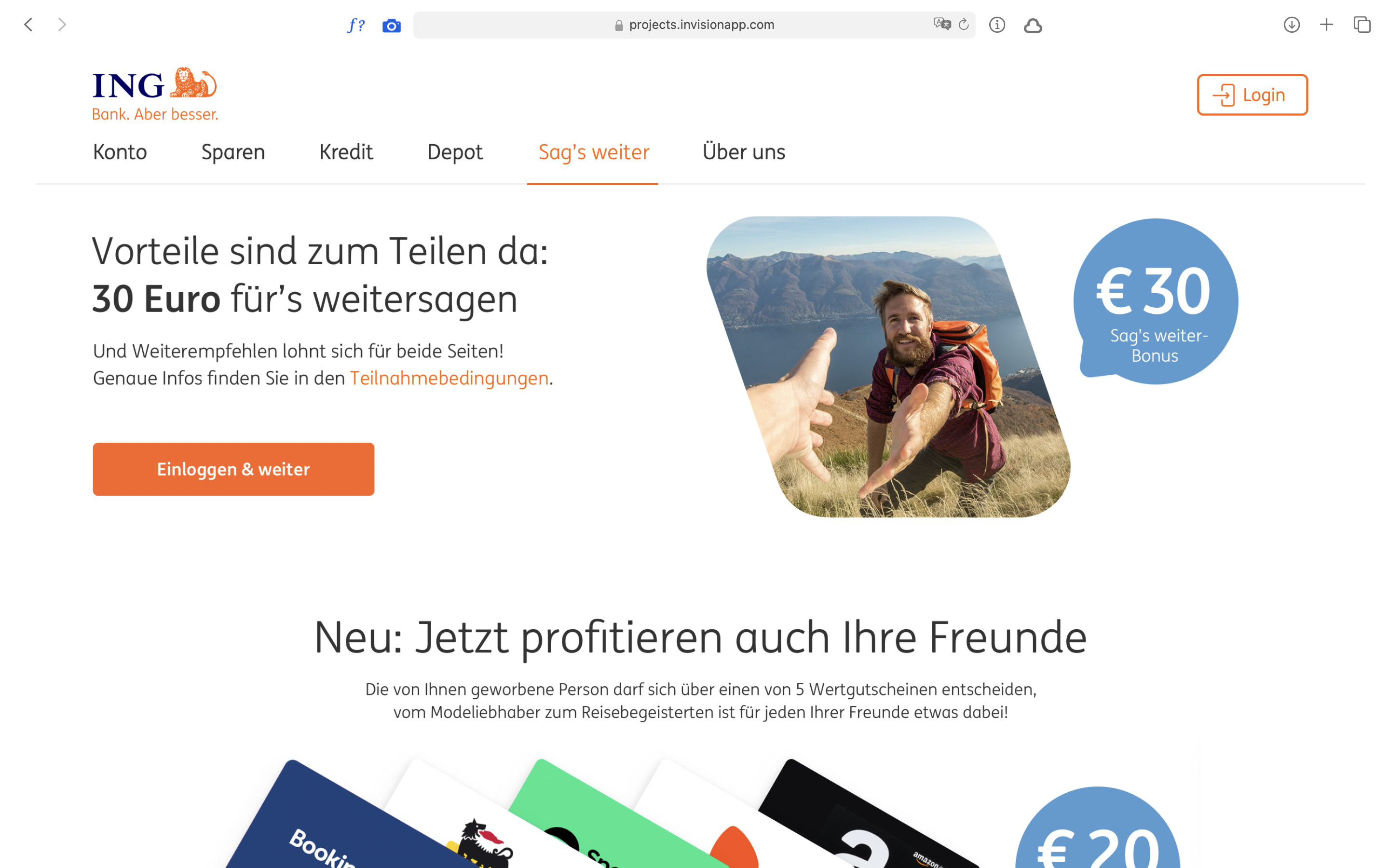Referral landing-page prototype showing a 30-euro incentive, login action and information about benefits for invited friends.
