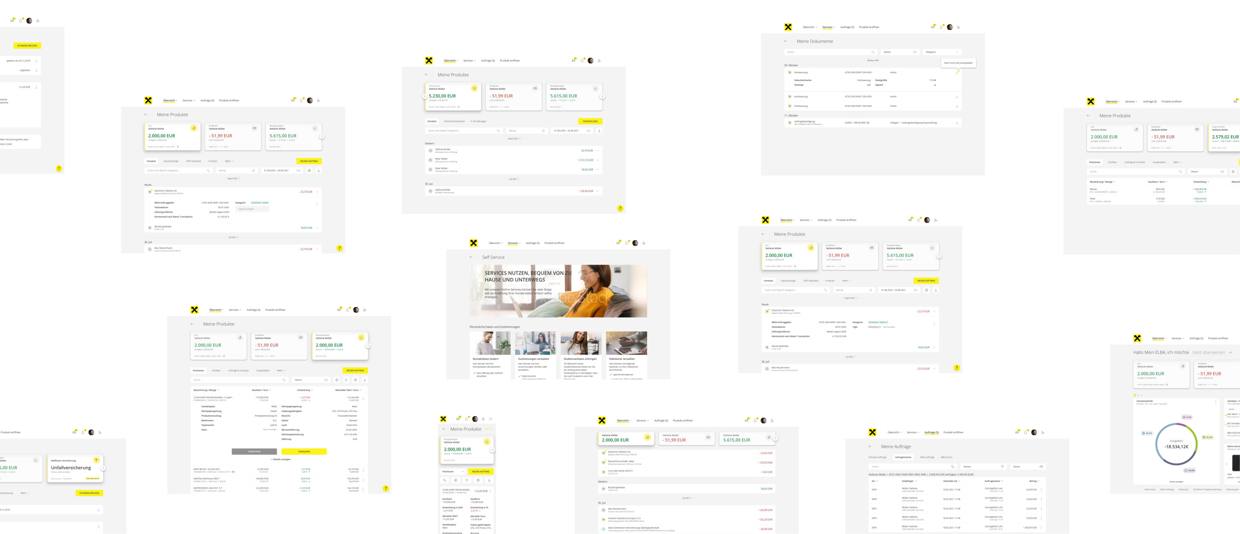 A collection of Mein ELBA screens covering transactions, investments, documents, self-service, orders and a mobile account view.