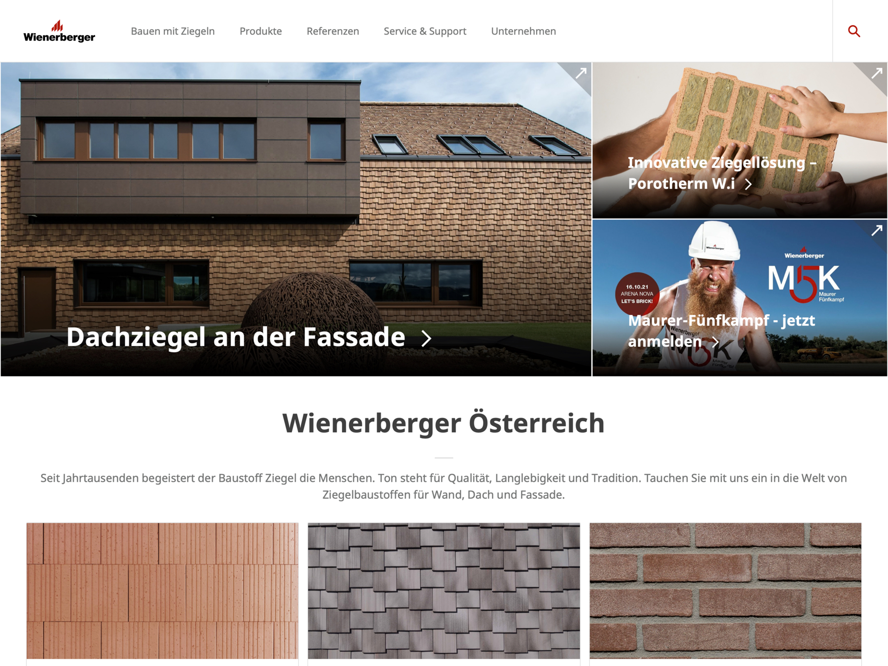 Wienerberger Austria homepage showing architecture, a brick product and an event in a shared image layout.
