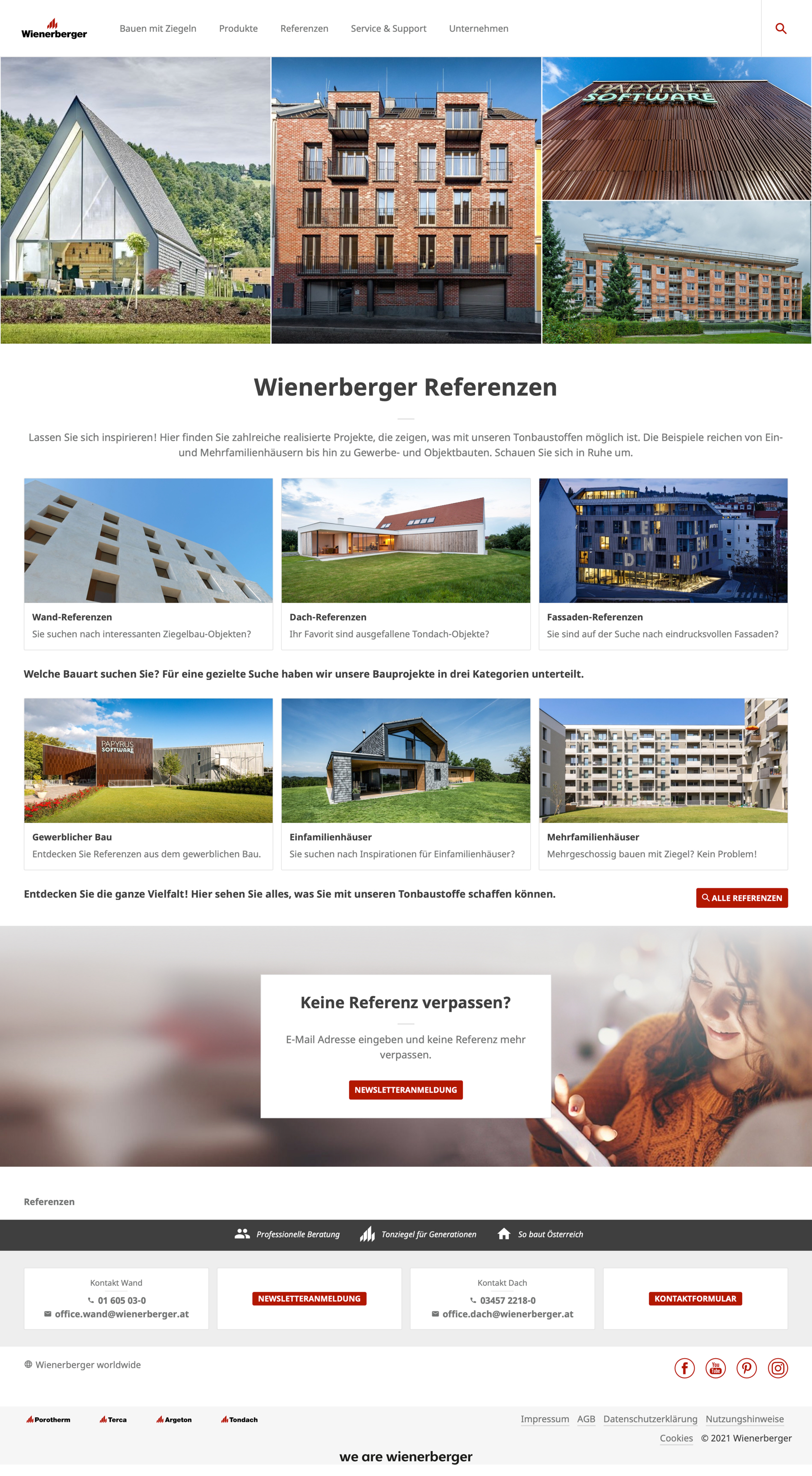 Wienerberger Austria references page with architectural photography and browsing categories for walls, roofs, façades and different building types.